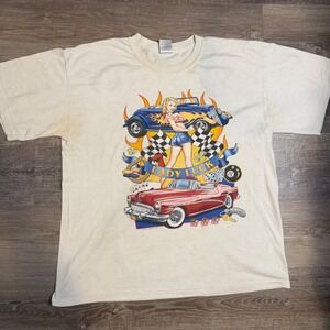 Lady Luck Pinup Girl Hot Rod Graphic T-Shirt Cream Mens Large Vintage Style